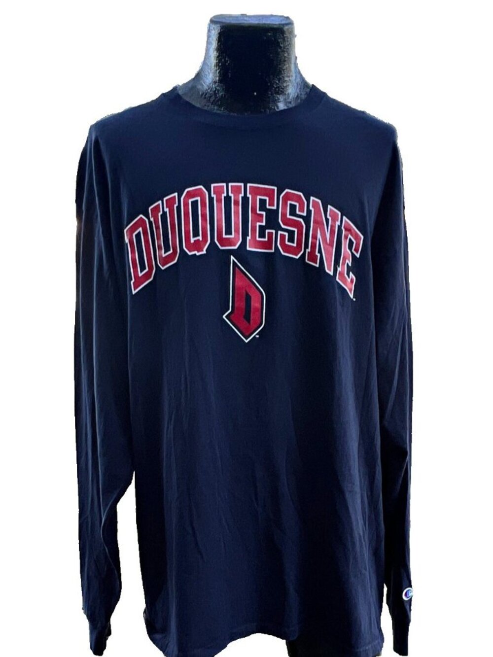 Champion Duquesne University Dukes Navy Long Sleeve Graphic Shirt Tag 2XL 24x31
